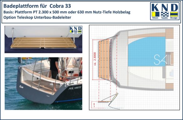Fot0 der Plattform sowie des Hecks der Cobra 33, Zeichnung von oben und der Seite mit der Anbauposition der neuen Badeplattform