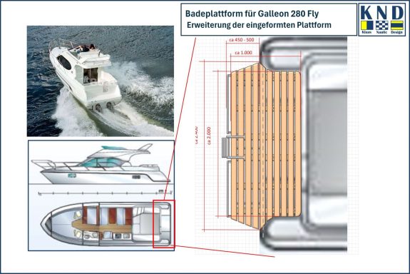 Foto der Galleopn 280 Fly, Grafik der Bootsgrundrisses, Zeichnung von oben der erweiterten Massivholz Plattform 
