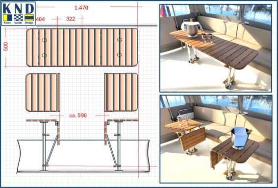 2-teiliger Tisch - mittiger Durchgang an Deck einer Linssen 41 Zeichnung und 2 Fotos eines 2-teiliger Tisch - mittiger Durchgang - an Deck einer Linssen 41