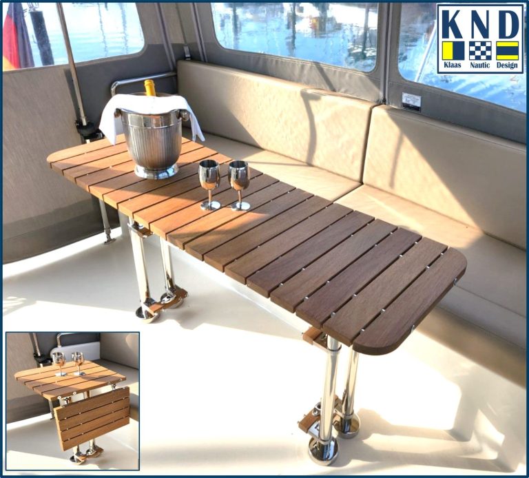 Boot Cockpit Tisch Guyana Teak Edelstahl V4A auf einer Linssen 410, bei eingeklappter Tischplatten mittiger Durchgang