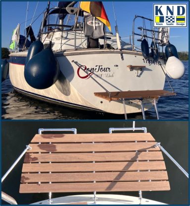 Ansicht Badeplattform mit terbau-Badeleiter am Bootsheck der Seakawk 34, Detailansicht der Plattform von oben