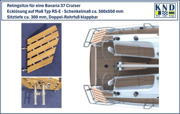 Heckkorb Ecksitz Bavaria 37 Cruiser Das Bild zeigt 2 Fotos eines Ecksitzes in Massivholz sowie das Cockpi der Bavaria 37 mit der Anbauposition der Size am Heckkorb