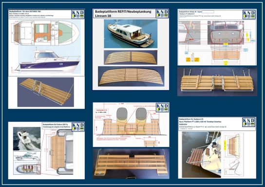 Beispiele maßgefertigter Badeplattformen für Motor- und Segelyachten das Bild zeigt 6 unterschiedliche Lösungen von Badeplattformen für Motor- und Segelyachten - Fotos und Zeichnungen der Montage Situation