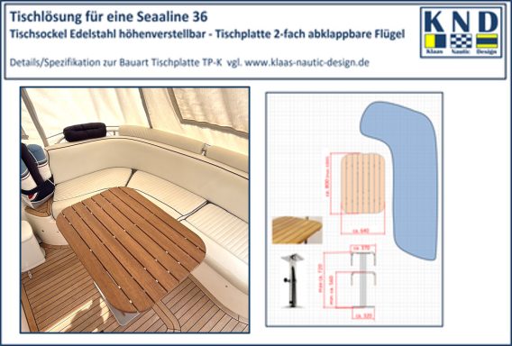 Foto des Deckslayouts bzw. des Sitzbereiches  der Sealine 36 mit der Tischlösung sowie der Zeichnung für die Planung