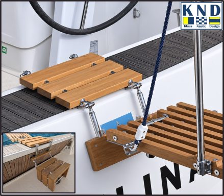 Gangway Halterung - Sonderanfertigung- abnehmbar - mit Auftritt - für Bavaria 37 Gangway mit spezieller abnehmbarer Haleterung aufligend auf der hochgeklppten Badeplattform einer Bavaria 37
