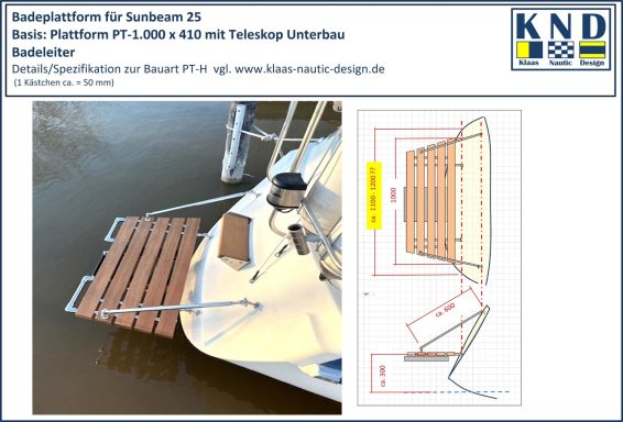 das Bild zeigt die Seitenansicht und die Aufsicht des Segelboots Sunbeam 26  mit der Anbauposition der Badeplattform und ein Foto
